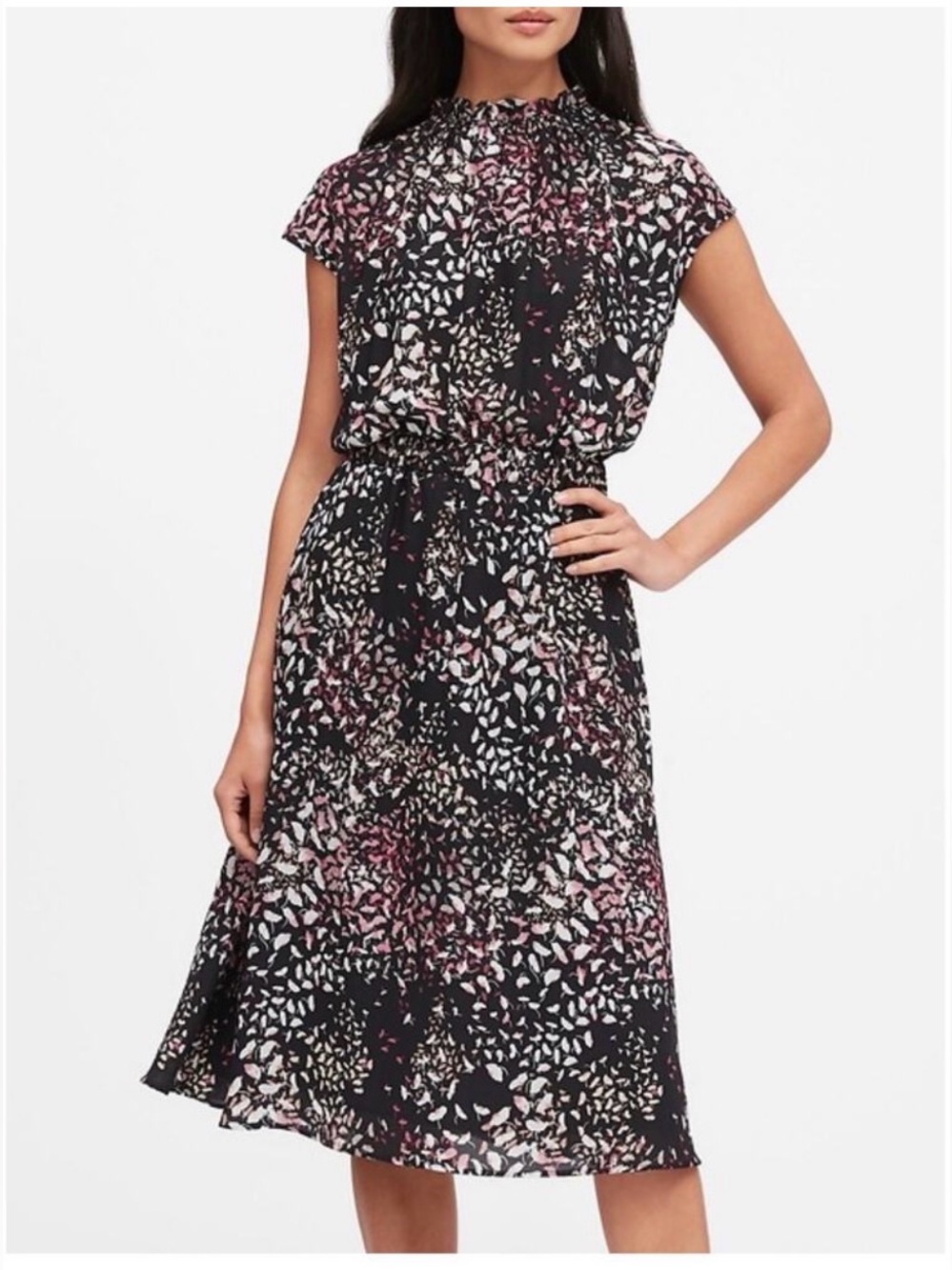 Banana Republic Black Floral Blouson Midi Dress 2